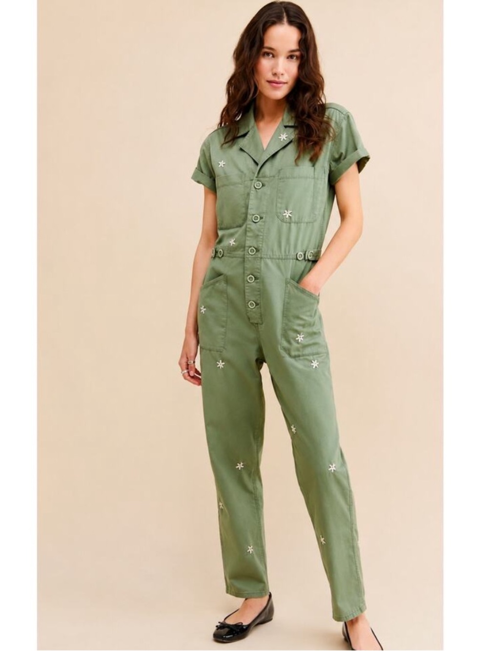 Pistola Grover Daisy Embroidered Utility Jumpsuit Sage Green Size XS